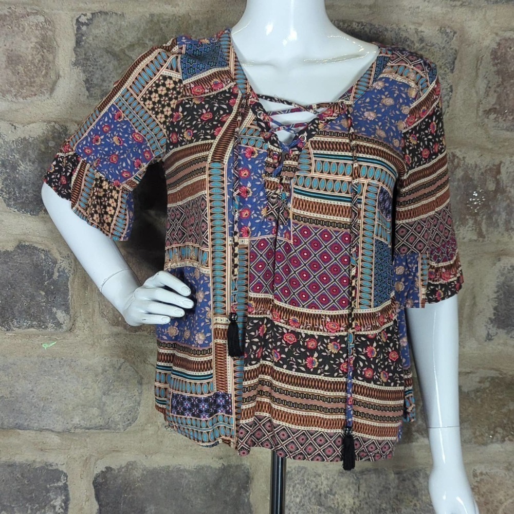 American Eagle Outfitters Multi Pattern Short‎ Sleeve Peasant Blouse Size XS